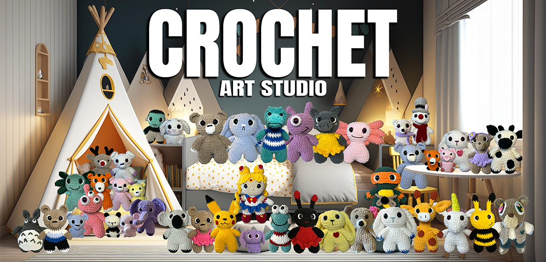 A colorful display of various crocheted stuffed animals in a cozy studio setting at Crochet Art Studio